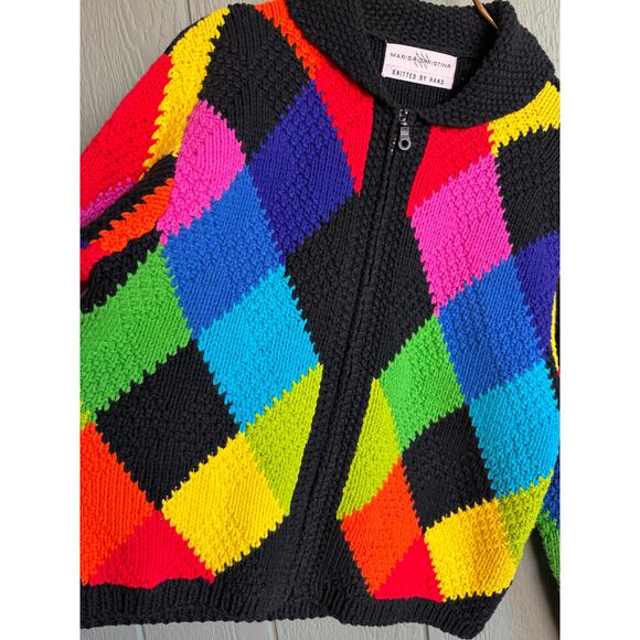 Vintage Marisa Christina Hand-Knitted Rainbow Argyle Sweater Zip Front Size L - Picture 3 of 7